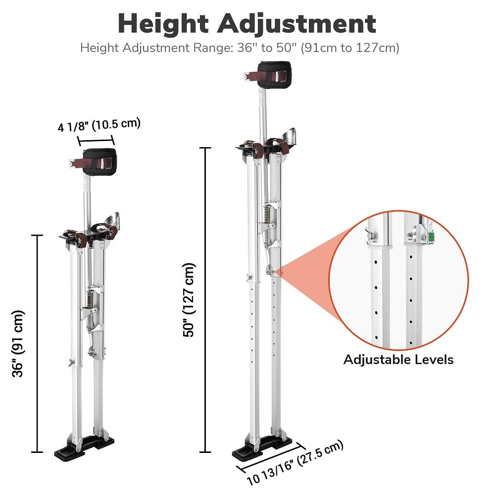 Regulowane aluminiowe szczudła do płyt gipsowo-kartonowych z nakolannikami 36"-50", 3-pozycyjnym podparciem pięty i sprężynami podwójnego działania do opasania lub czyszczenia (srebrne)