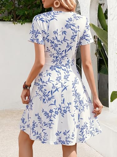 Image of MSBASIC Womens Summer Wrap V Neck Casual Dresses Floral Short Sleeve A-Line Midi Sundress