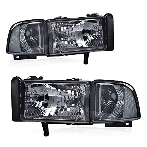 Image of GRAND ORANGE Headlights Assembly, Compatible with Dodge Ram 1500 2500 3500 1994 1995 1996 1997 1998 1999 2000 2001 2002 Black Housing Clear Corner Lamps（Smoky lens Chrome Housing Clear Reflector）