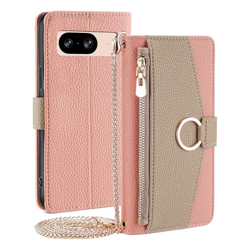Poche zippée et béquille sur cet étui portefeuille compatible Google Pixel 8 rose