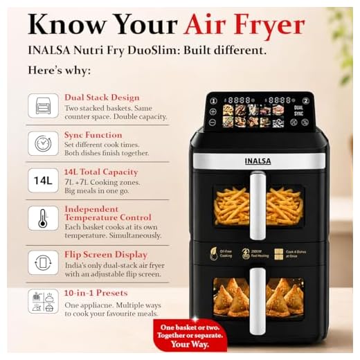 INALSA Double Basket Air Fryer 2800W & 14 L (7L+7L) Large Capacity |Non Toxic,BPA Free|PFOA Food Safety Certified|Cook 2 Full Meals Together|Flip Digital Screen|NutriFry DuoSlim
