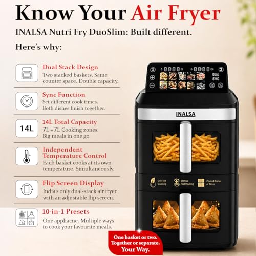 Image of INALSA Double Basket Air Fryer 2800W & 14 L (7L+7L) Large Capacity |Non Toxic,BPA Free|PFOA Food Safety Certified|Cook 2 Full Meals Together|Flip Digital Screen|NutriFry DuoSlim