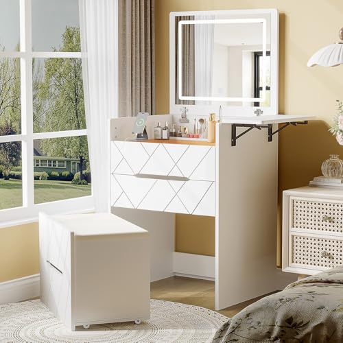 Zvivofla 3 in 1 Vanity Desk with Flip Top Mirror, Vanity Set with Visible Glass Desktop Compact Makeup Desk with Hidden Chair & 3 Drawers, Dressing Table for Bedroom (3-Color Adjustable Lighting)