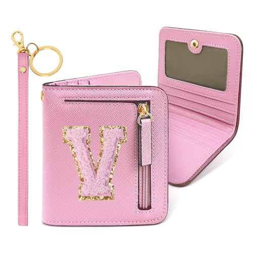 Image of COSHAYSOO Initial Wallet RFID Small Bifold Slim Letter Wallet for Women Teenager Girls Travel Daily Necessities Credit Cards Money Cash Coin Organizer, Pink Chenille, Compact, V