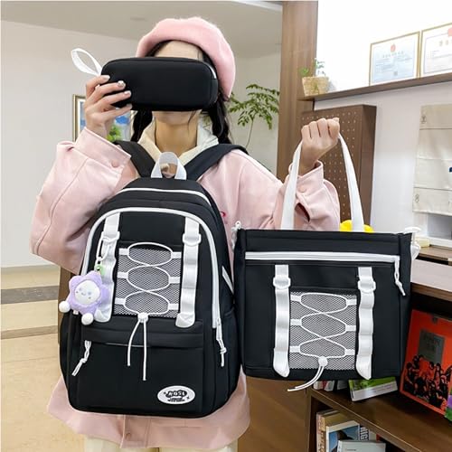 College Style Backpack Set of 3, Kawaii Simple Stylish 3-In-1 Bookbag Set, Cute Large Capacity Nylon Rucksack (Black)2