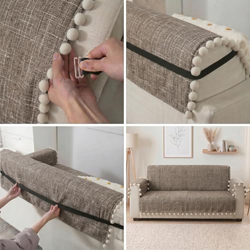 Image of Story@Home Chenille Sofa Cover 3 Seater Fully Covered with Back Covers (152x178Cm) & Arm Rest Covers| Anti Slip Sofa Mat for 1 /2 /3 Seater & L Shape Sofa Cover - Caramel & Cream