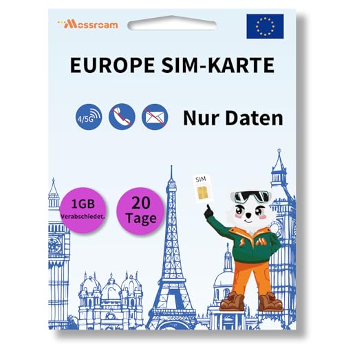 Daten-SIM-Karte für Europareisen, 20 Tage, 1 GB täglich für entsperrte Telefone, einfache Aktivierung, 4/5G-Hochgeschwindigkeitskommunikation, Abdeckung Aller europäischen Länder