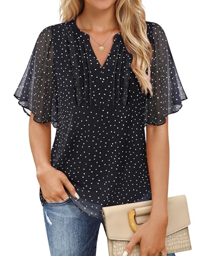 Furnex Womens Blouses Chiffon Ruffle Short Sleeve Tops Summer Pleated V Neck Casual Work Tops3
