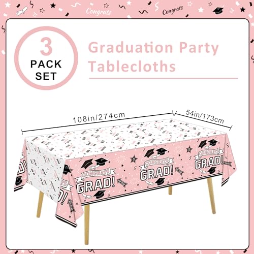 Image of Oigco Graduation Party Decorations, Congrats Grad Graduation Tablecloth for 2026 Graduation Party Supplies, 3 Pack Pink Disposable Plastic Table Cloths, 54 inchx108 inch