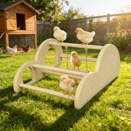 Image of Chicken Perch with Swing & Mirror, Waterproof PVC Roosting Stand for Hens Activity Gym for Chick Toys & Bantams, Durable Easy-Clean Coop and Brooder