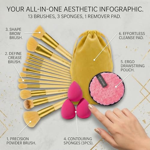 Image of 17Pc Makeup Kit Set - Premium 13-Piece Makeup Brush Set with 3 Makeup sponges & 1 Color-Removal Sponge - Soft Synthetic Bristles, Rose Gold & Cream Design with Velvet Travel Pouch - Complete Professional Beauty Tools (Clean sponge and makeup puffs , color may vary or multicolour) (Yellow)