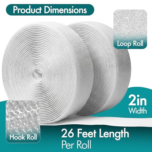 Image of (26ft x 0.75in) White Velcro Strips with Adhesive, Double Rolls of Heavy Duty Self Adhesive Tape with Backing (26ft x 2in + Measuring Tape)