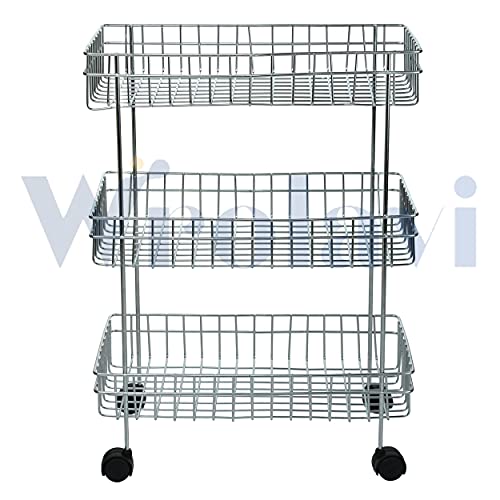 Image of Stainless Steel 3-Tier Kitchen Trolley with Wheels | Multipurpose Storage Rack Organiser | Vegetable Stand for Kitchen | Onion, Potato & Fruit Basket Cart