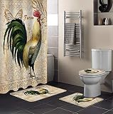 InvisibleWings 4 Pcs Shower Curtain Sets with Rugs, Farm Style Animal Cock and Butterfly Bathroom Se