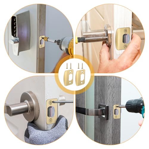 Door Strike Plate 2-1/4\"x1-3/4\", 2 Pcs Universal Round Corner Design Gold Stainless Steel Construction Extended Lip Door Latch Plates Hardware with 4 Pcs 0.8\" Screws for Interior/Exterior Doors