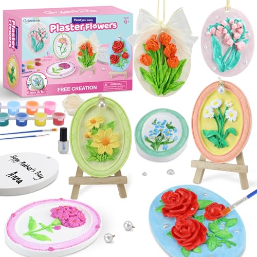 Plaster Painting Kit for Kids & Adults with 3D Ready-to-Paint Ceramic Flowers 12 Paints Pearl Stickers & More Bulk Party Favors Birthday Mothers Day Gifts Home Decor
