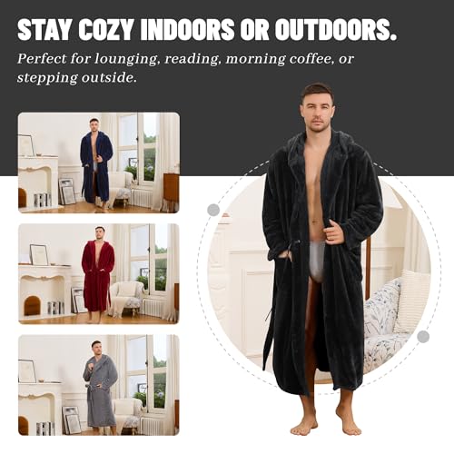 Mens Fleece Hooded Robe, Plush Robes Cozy for Men, Soft Warm Bathrobe Shower Spa Long Robe With Pockets4