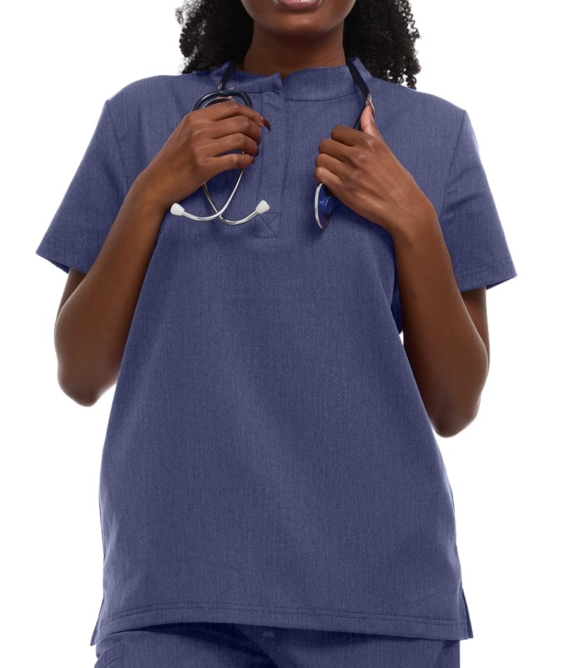 Minty Mint Women's Mandarin Collar Scrub Top Heather Navy M