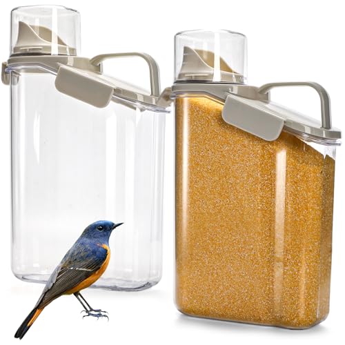 DEAYOU 2 Pack Bird Seed Storage Container, 3 Qt/2.8 L Airtight Cereal Storage Bin with Pour Spout and Measuring Cup, BPA Free Plastic Water Pitcher with Handle for Rice, Grain, Flour, Pet Food