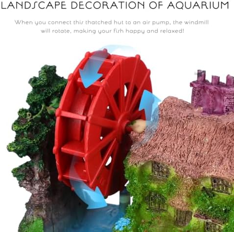 HOMSFOU Aquarium Water Wheel Ornament 4.33 in Thatched House Fish Tank Decoration Aquarium Hideout Landscape Prop for Goldfish Habitat Airflow Rotating Model for Fish Tank Accessories - 2