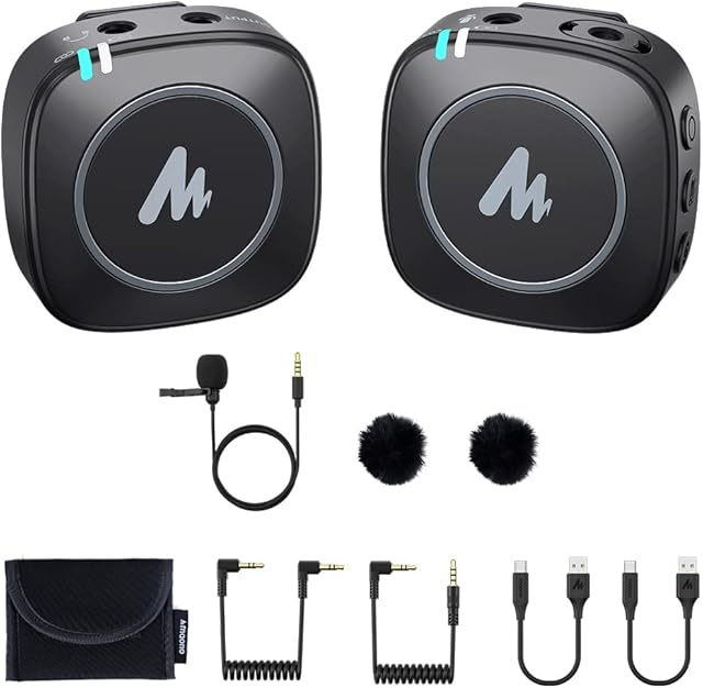 MAONO Wireless Lavalier Microphone System 2.4GHz Portable Lightweight Compact Mic with Real-time Monitoring and Mute,Lapel Mic, 2s Fast Auto Pairing, Suitable for Interview, Vlog, Recording (WM820)