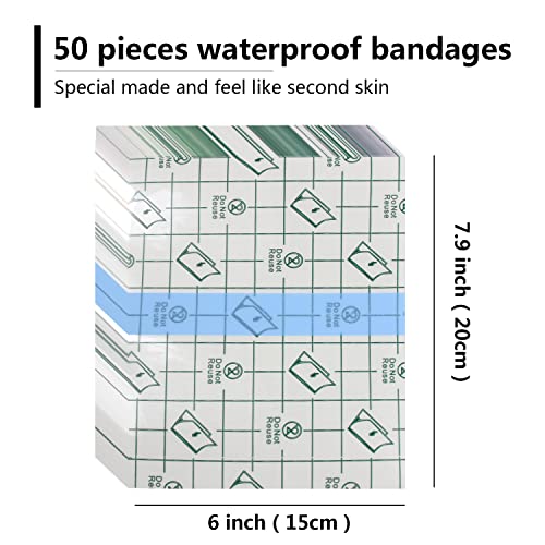 Transparent Waterproof Bandage 50 Pieces | 6 in x 8 in |-Clear Skin Protection Tape,Second Skin Bandage,Dressing Tape，Wound Water Resistant