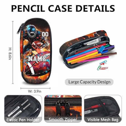 School Backpack for Kids, Custom Name American Football Backpacks Set for Boys Age 6-18, Kids Bookbag with Lunchbag Matching Combo, Football Schoolbag with Pencil Case Bundle Supplies Gift4
