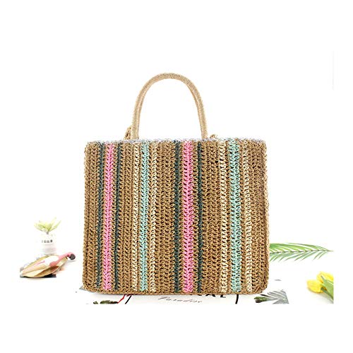 Fashion Women Straw Zipper Tote Bag Summer Beach Colorful Shoulder Bag with Woven Shoulder Strap