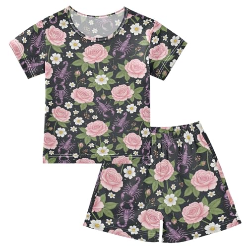 Pajama Short Sets Floral Scorpion Pattern Soft Cotton Summer Sleepwear 2 Piece PJS Size 5-14T