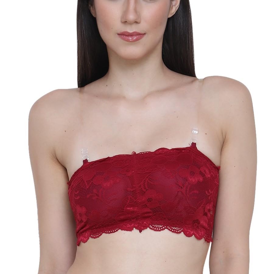 Image of GLAMORAS Womens Nylon Lace Spandex Padded Non Wired Floral Lace Tube Bra Strapless Padded Seamless Hook Closure Bra, Free Size