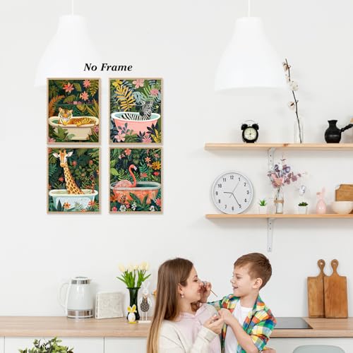 Image of Boat Wades Funny Animal Bathroom Unframed Wall Art Prints,Colorful Kids Bathroom Decor Posters & Prints,Jungle Animal Decor Wall Art Posrters 8x10 Set Of 4