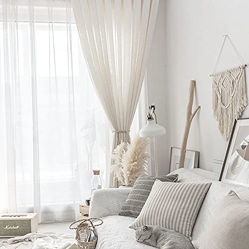 Image of Linen Sheer Curtains 84 inches Long - Semi Textured Curtains Translucent Drapes Privacy Protect Light Glare Window Panels for Bedroom Living Room Office, W 52 x L 84, Cream, 2 Panels