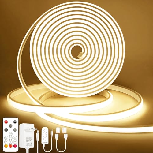 Lamomo Ruban LED COB, Blanc Naturel 5M Bandeau Led avec télécommande, IP65 étanche, Flexible, 4000K, Largeur 10mm, Dimmable, Silicone, Découpable, 24V Néon Strip pour Décoration Maison, Cuisine
