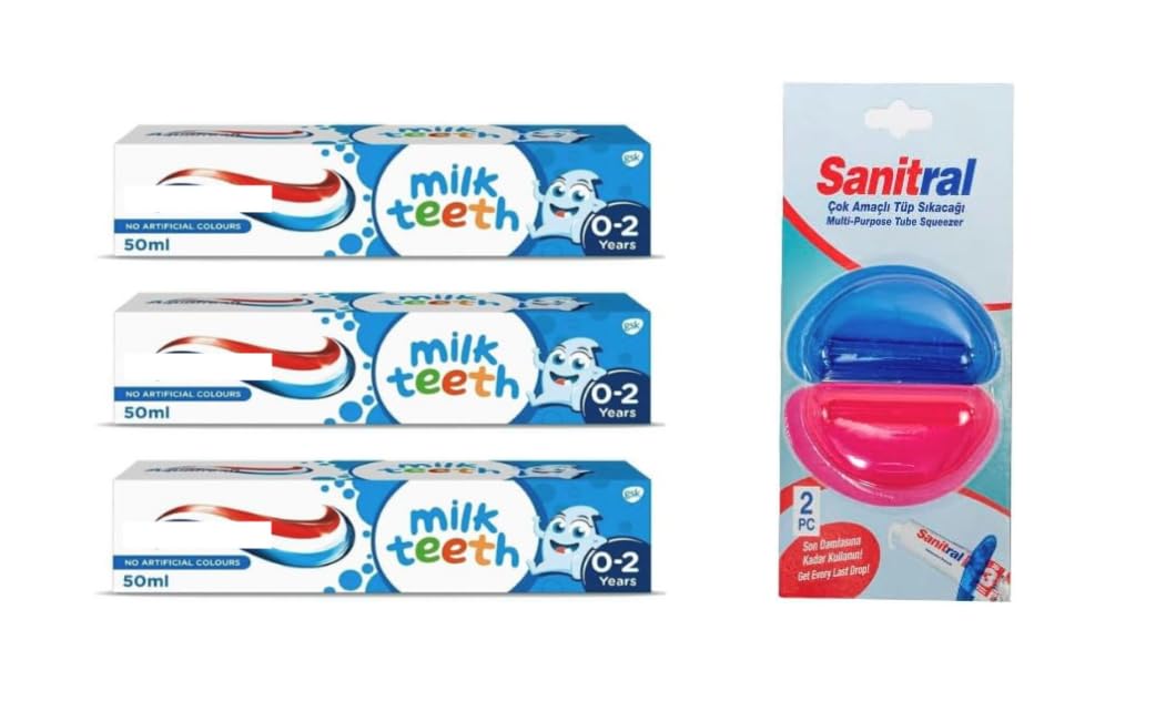 Baby Oral Care Set – Aqua Fresh Milk Teeth Baby Toothpaste 50 ml (confezione da 3) + Sanitral dentifricio tubo spremiagrumi