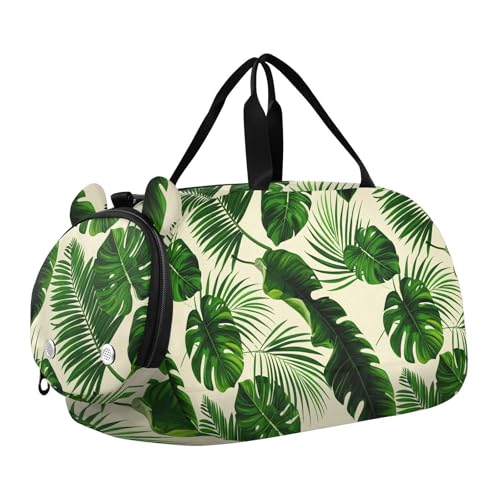 Palm Leaf Beige Kids Travel Duffel Bag for Boys Girls Overnight Weekend Tote Bag with Shoes Compartment for Beach Swim Trip