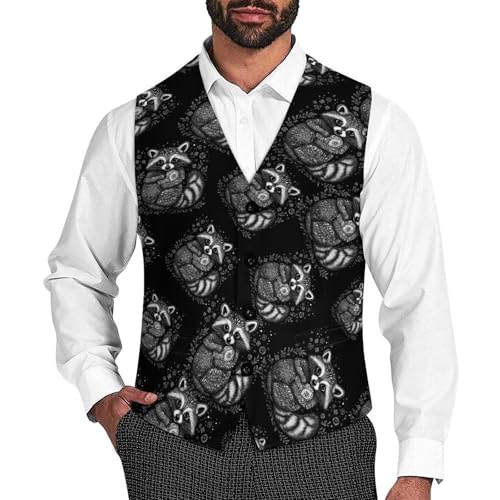 Raccoon Racoon Animal Black White Men's Suit Vest Slim Fit Business Dress Party Pattern Waistcoat Vest Top