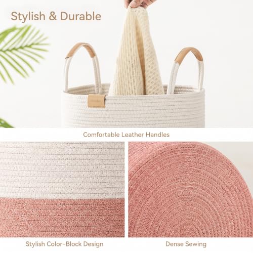 Image of 95L Laundry Hamper with Leather Handles,Laundry Basket,Coral Pink&White