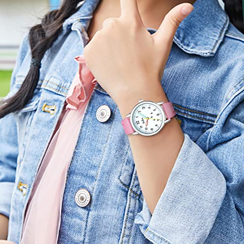 Kdm Girls Watch Pink Analog Watches For Girls Ages 3-12, Girl Wrist Watch Time Teacher Waterproof Luminous Watches For Kids, Easy To Read Time Leather Watch Girls Gifts #TOP3