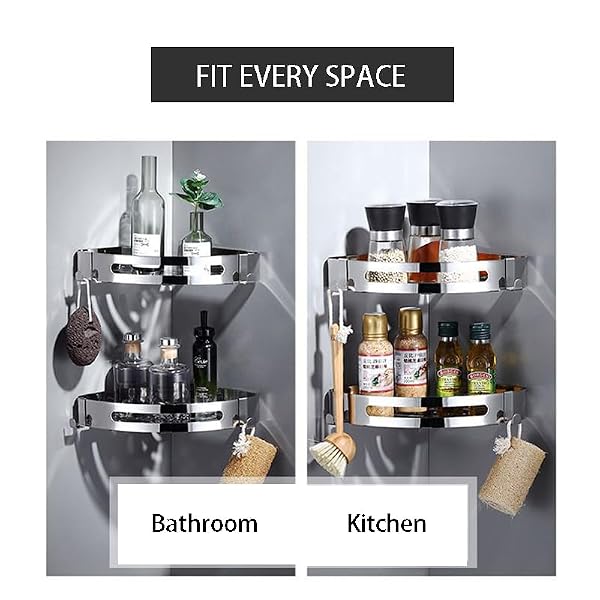 Kysren Shower Caddy Corner, 2 Pack Shower Shelves for Bathroom, Rustproof Stainless Steel Organizers, Adhesive & Drill Wall Mounted with 4 Hooks, Slivery by Kysren - Image 4