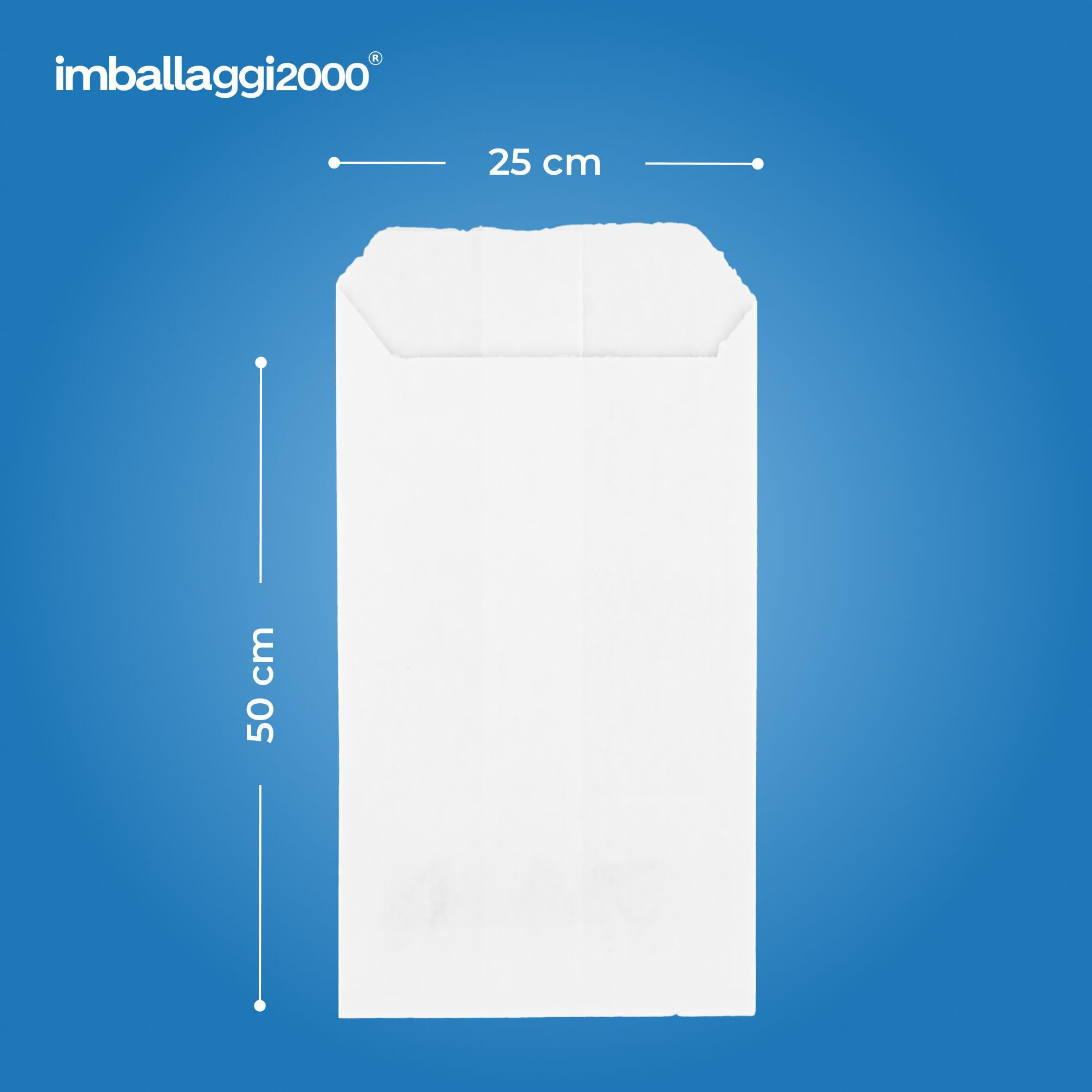IMBALLAGGI 2000 - Sacchetti Carta per Alimenti Bianchi, 100 Pezzi da 25x50 cm di Altezza, Buste di Carta per Pane, Dolci, Pranzo, Panino Richiudibili e Certificati MOCA Adatti al Contatto Alimentare