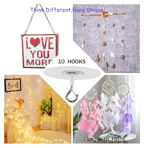 Image of No Hole Adhesive Ceiling Hooks for Hanging Light Plants,Sticky Eye Hooks for Hanging Boby Mobile Curtain,Set of 10 (Round)