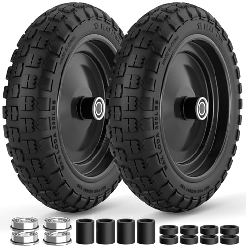 RONPOW 4.00-6 Flat Free Tire and Wheel 13 Inch Solid Garden Wheelbarrow Tires 300Lbs with 5/8 & 3/4 Axle Hole 1-3.5 Hub for Garden Cart Wheelbarrow Hand Truck for Home Farm 2Pcs Black