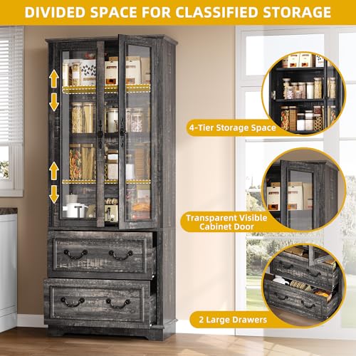 DWVO 76" Storage Cabinets, Freestanding Kitchen Pantry with Adjustable Shelves & Drawers, Farmhouse Glass Display Cabinets Tall Cupboard for Dining Room, Living Room, Dark Rustic