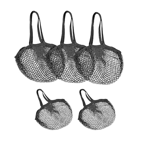 Soulnioi Reusable Grocery Mesh Bag Cotton String Mesh Produce Bags Organic Grocery Shopping Bags Portable/Washable Mesh Bag for Fruit and Vegetables Storage Black(3 Long and 2 Short Handle)