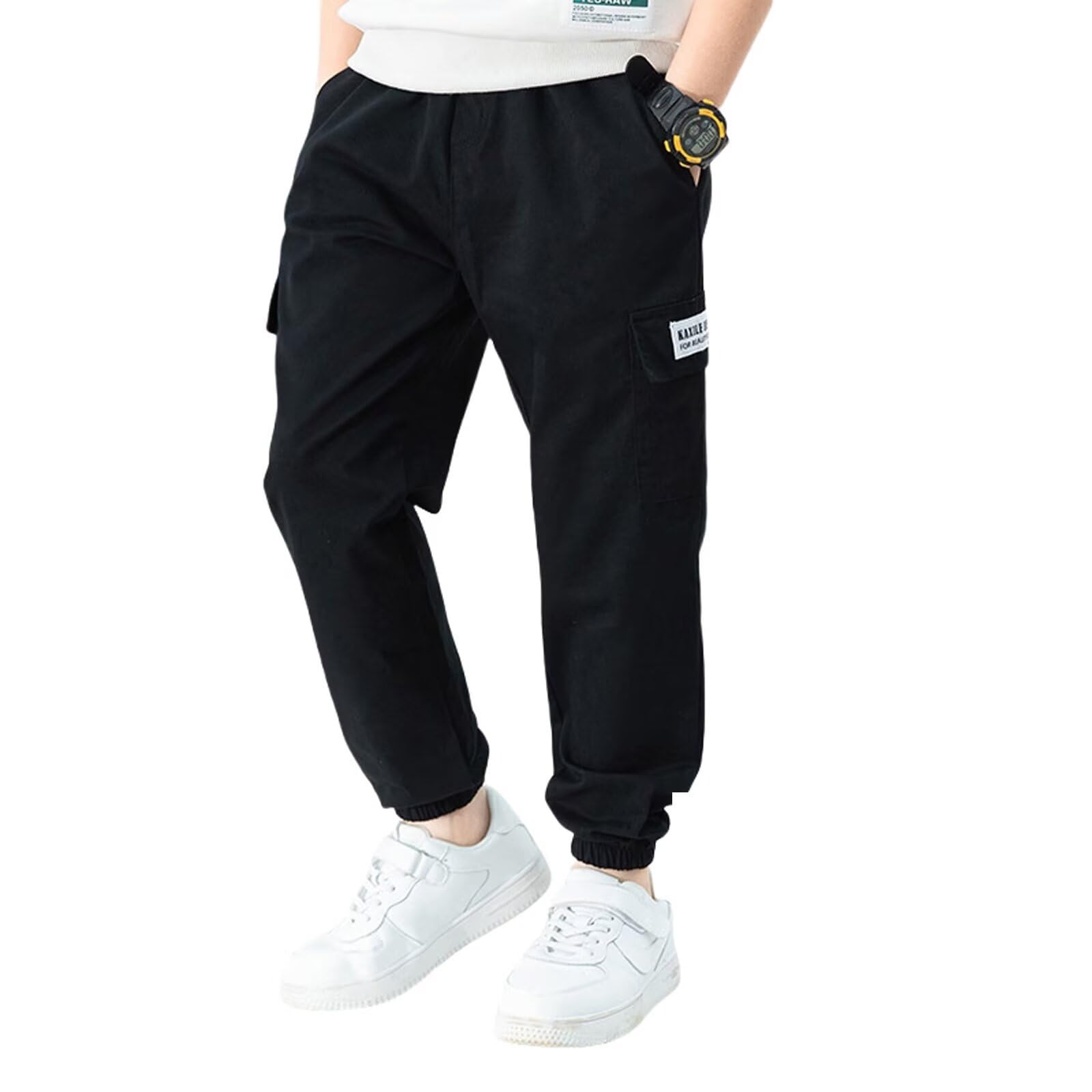Jungen Cargo Hose Baumwollhose für Kinder Kinderhose Jungshose Mittelhoch mit Gummizug Schwarz Grün