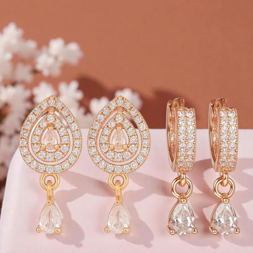 Image of Nilu's Collection 18k Rose Gold Plated Clip On Hoop Earrings, Stylish Women Earrings, Fancy Zircon Copper Bali Earrings for Women and Girls (Drop design)