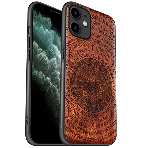 Carveit Wood Case For Iphone 11 Case [Natural Wood & Black Soft Tpu] Shockproof Protective Cover Unique & Classy Wooden Phone Case Compatible With Iphone 11 (Thors Hammer-Red Wood) #TOP21
