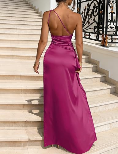 Image of Womens One Shoulder Ruched Side Satin Wedding Guest Dresses Adjustable Straps High Slit Backless Cocktail Maxi Dress