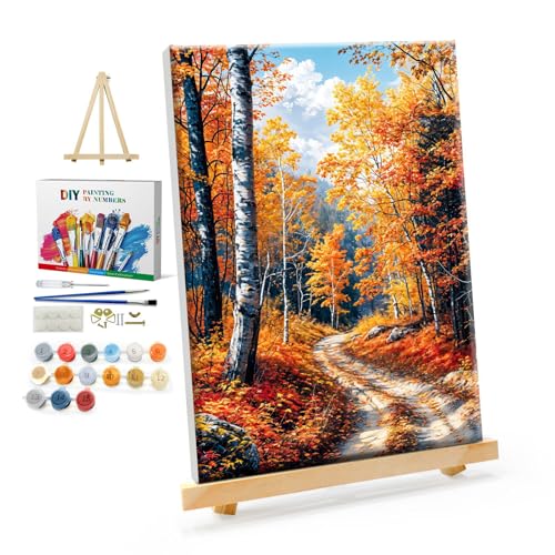 YOYA Framed Paint by Numbers Kit for Adults - Fall Forest Adult Paint By Number Kits on Canvas with Easel DIY Autumn Landscape Paint by Number Framed Canvas for Home Wall Decor 8x12 Inch