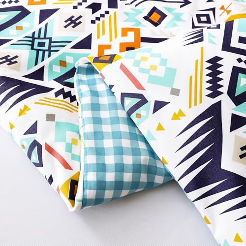 Image of Ac Comforter Single Bed Boho with Satin Finish 240 GSM - Reversible AC Comforter -White & Blue, Aztec /Bohemian Comforter Quilt Duvet Dohar Blanket for Summer150 X 225cm